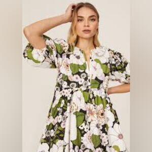 Maje Rafleur Dress Green Floral Short Puff Sleeves Medium